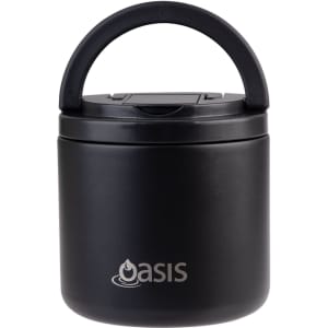 A black vacuum food flask with a handle and spork, featuring a logo on the front.