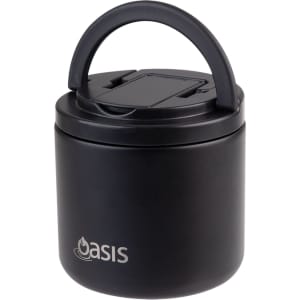 A black vacuum food flask with a handle and a spork included, featuring a logo.