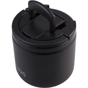 A black vacuum food flask with a handle and a spork attached, featuring a logo on the side.