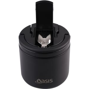A black vacuum food flask with a spork attached to the lid and a logo on the front.