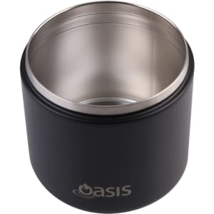 A vacuum food flask in matte black with a stainless steel interior and a logo. A spork is included with the product.