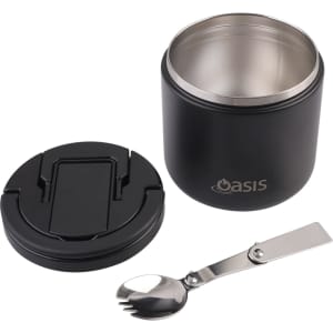 A vacuum food flask in matte black with a stainless steel interior and a metal spork included. It features a branding logo.