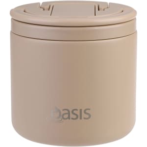 A drink bottle in beige with a secure lid and a logo, designed for vacuum food storage.