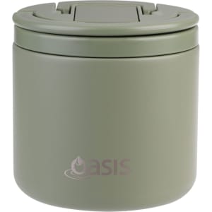 A drink bottle and food flask in olive green with a matching spork; features a lid and a logo.