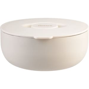 An insulated cream lunch bowl with a lid, featuring a logo on the side.