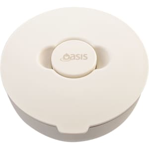 A lunch bowl with a rounded design, featuring a light beige colour and a central button. It has a logo on the top.