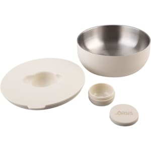 A lunch bowl set featuring a cream-coloured exterior, a stainless steel interior, and includes a lid and smaller container.
