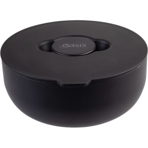 A black insulated lunch bowl with a lid, featuring a logo on top. Ideal for keeping food fresh.