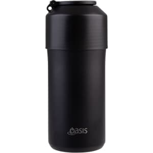 A drink bottle in matte black, featuring a secure lid and an applied branding logo. Insulated stainless steel design.