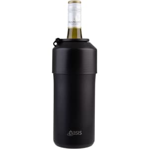 A drink bottle in matte black with a lid, designed to hold a wine bottle, featuring a logo.