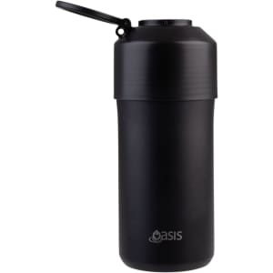 A stainless steel wine cooler in matte black with a secure lid and a logo.