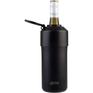 A drink bottle in matte black stainless steel with a carry handle and a bottle of wine inside. Features a logo.