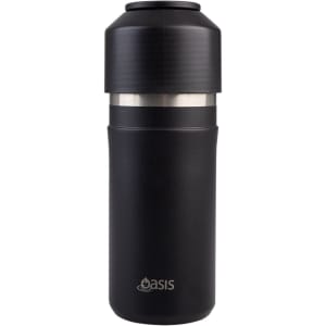 A drink bottle featuring a sleek black design with a stainless steel inner section and a logo at the base.