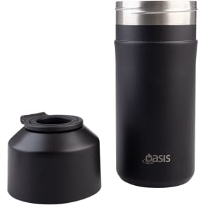 A drink bottle in matte black stainless steel with a removable lid, featuring a logo on the body.