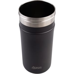 A drink bottle in matte black with a stainless steel top, featuring a logo. Ideal for keeping beverages insulated.