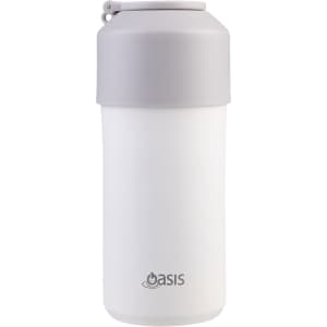 A drink bottle in white with a grey lid, featuring a logo on the side.