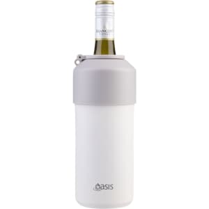 An insulated stainless steel wine cooler in white and grey, designed to hold a bottle of wine. It features a logo.