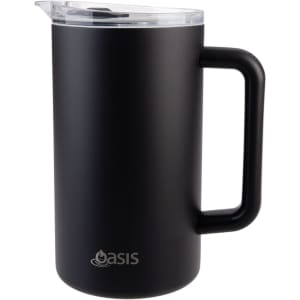 A drink bottle featuring a matte black exterior, a clear lid, and a sturdy handle, with a logo on the front.