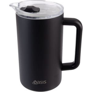 A drink bottle with a matte black finish and a clear lid, featuring a handle and a logo.