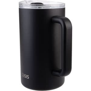 A drink bottle featuring a matte black finish, a handle, and a clear lid, with a branding logo.