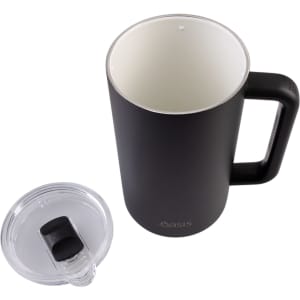 A drink bottle featuring a matte black exterior, a ceramic lined interior, and a clear lid with a handle.
