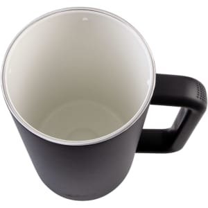 A water pitcher with a matte black exterior and a ceramic-lined interior, featuring a handle and a sleek design.