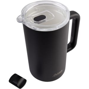 A drink bottle featuring a sleek black ceramic lined design, triple insulated, with a clear lid and handle, plus a lid cap.