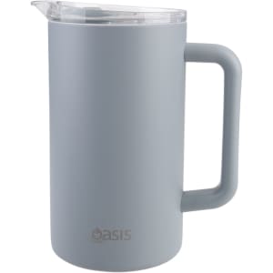 A drink bottle with a grey matte finish, featuring a clear lid and a sturdy handle. It includes a branding logo.