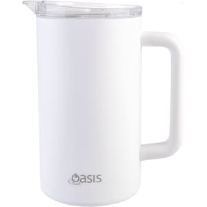 A drink bottle with a white ceramic lined exterior, featuring a clear lid and a sturdy handle. It has a logo on the front.