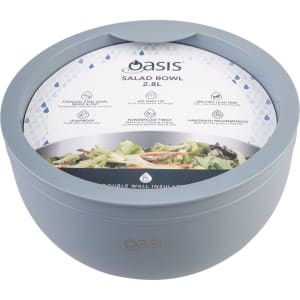 A salad bowl in soft blue with a double wall design and a logo on the front, featuring a fitted lid.