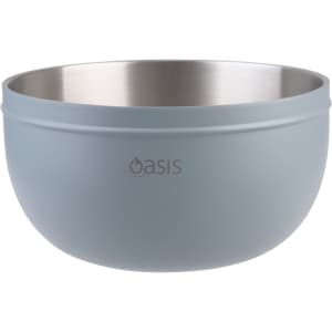 A double wall salad bowl in light blue with a stainless steel interior and a logo.
