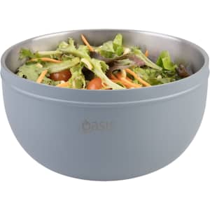 A double wall salad bowl in light blue, filled with mixed salad greens and vegetables. It features a logo.