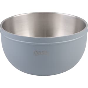 A double wall salad bowl in light blue with a stainless steel interior and an engraved logo.
