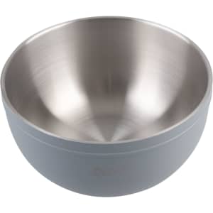 A double wall salad bowl in light grey with a stainless steel interior, featuring a logo.
