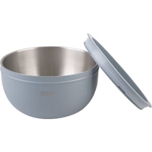 A double wall salad bowl in light blue with a stainless steel interior and a matching lid. Features a logo.