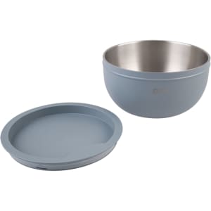 A double wall salad bowl in a soft blue colour, featuring a stainless steel inner bowl and a matching lid.