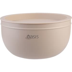 A double wall salad bowl in a light beige colour with a logo. It features a smooth, rounded design.
