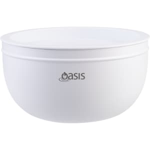 A double wall salad bowl in white featuring a logo, suitable for serving meals.