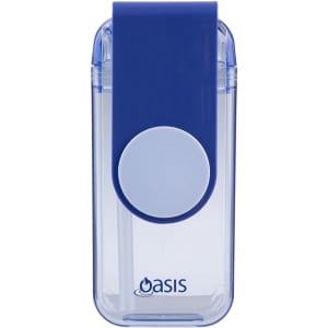 A drink bottle featuring a transparent body with a blue lid and a logo, designed for kids to use.