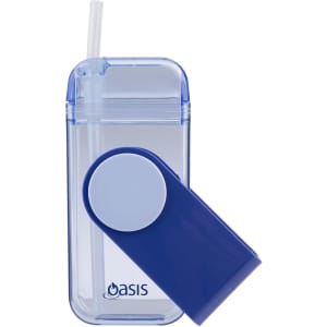 A drink bottle featuring a blue and clear design, with a straw and a round cap. It has a logo.