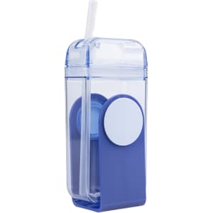 A drink bottle featuring a transparent body with a blue lid and straw. Includes a logo on the side.