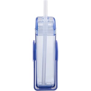 A drink bottle featuring a transparent body with blue accents and a built-in straw, designed for children.