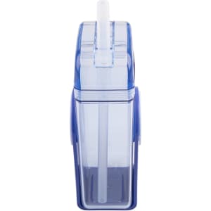 A drink bottle featuring a clear blue design, with a straw and a logo present on the container.