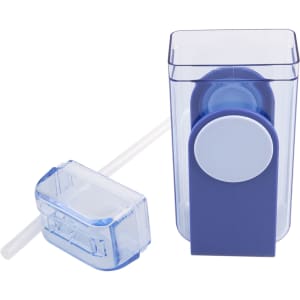 A drink bottle in clear and purple, featuring a removable lid and a straw for easy drinking. Includes a logo.