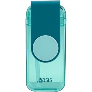A drink bottle featuring a teal body with a blue lid and a straw, complete with a logo.