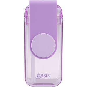 A drink bottle in purple and clear Tritan material featuring a logo. Compact design with a flip-top cap.