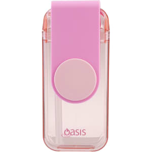 A drink bottle featuring a pink lid and base, with a clear body and a logo on the front.
