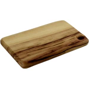 A rectangular cheese board made of light and dark timber with a smooth finish and a rounded edge.