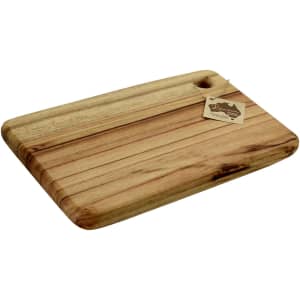 A wooden cheese board with a natural finish, featuring a rounded edge and a hole for hanging. It has a tag attached.