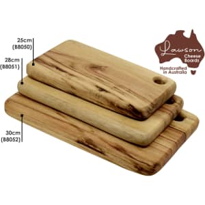 A set of three rustic wooden cheese boards in varying sizes; a 30cm board is featured prominently.